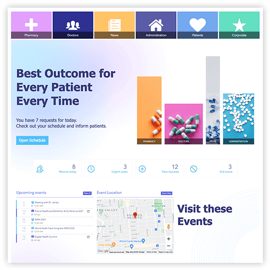 Healthcare SharePoint site with patient resource sections and staff communication feed