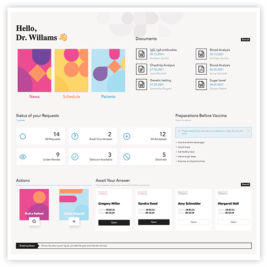 Healthcare SharePoint intranet with clinical dashboard metrics, quick links, and department news