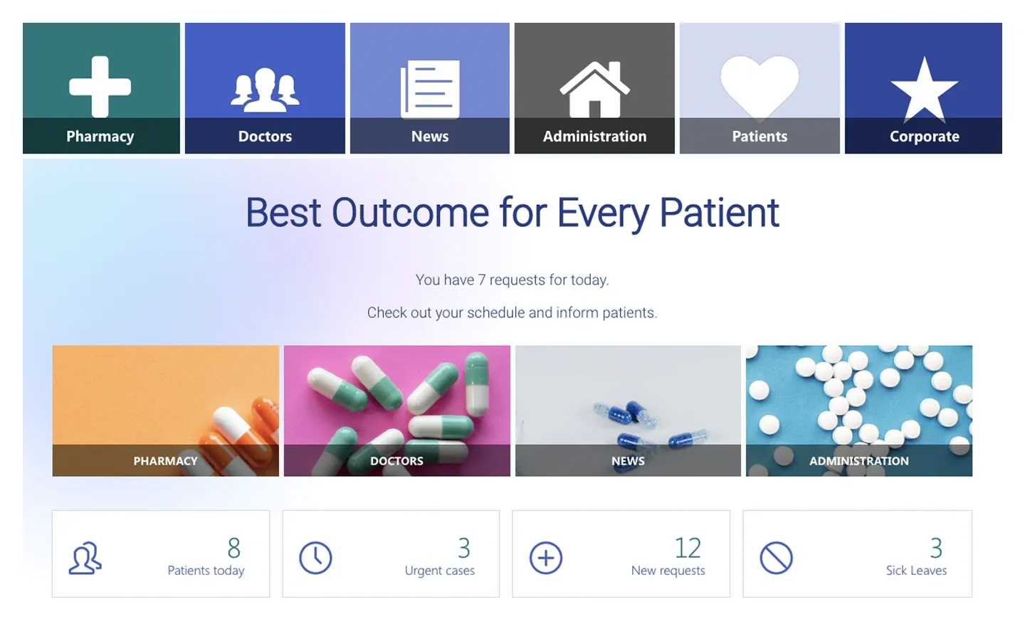 Healthcare SharePoint header with six icon tiles, patient headline, four photo tiles and daily stat cards