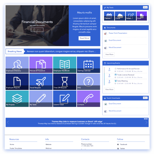 Corporate SharePoint homepage with executive KPI dashboard, featured content banners, and global nav
