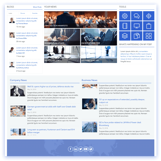 SharePoint homepage with centered search bar, horizontal quick links row, and company news feed below