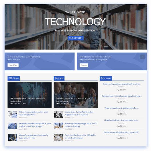SharePoint homepage with two-column news cards, events calendar sidebar, and quick link bar