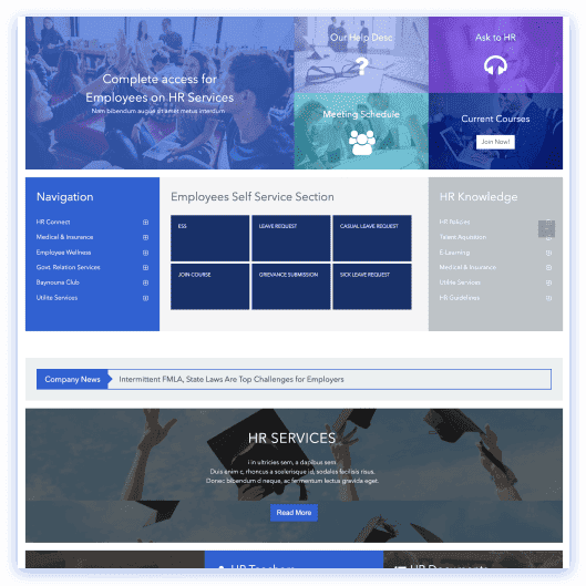 SharePoint homepage with full-width hero banner, personalized quick link row, and news highlight cards