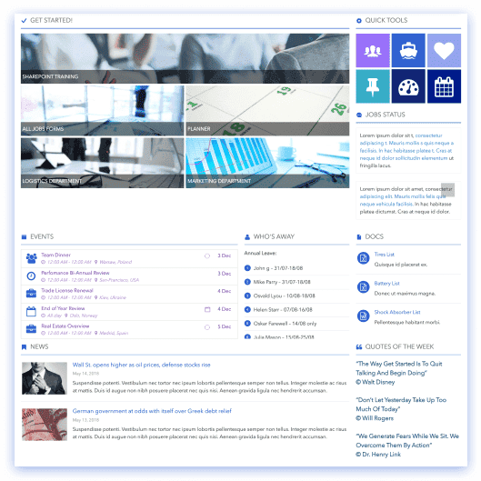 SharePoint homepage with KPI counter dashboard, alert banner, and department navigation tile grid