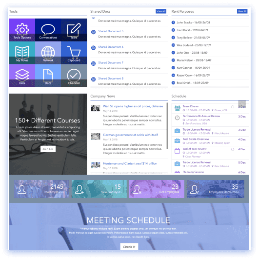 Full-width SharePoint homepage with announcement banner and resource shortcut icon tiles