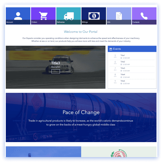 SharePoint intranet with news card feed, events calendar, social feed section, and quick link bar