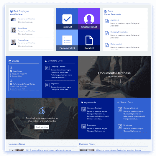 SharePoint start page with bookmark tiles, personalized news feed, and productivity tool shortcuts