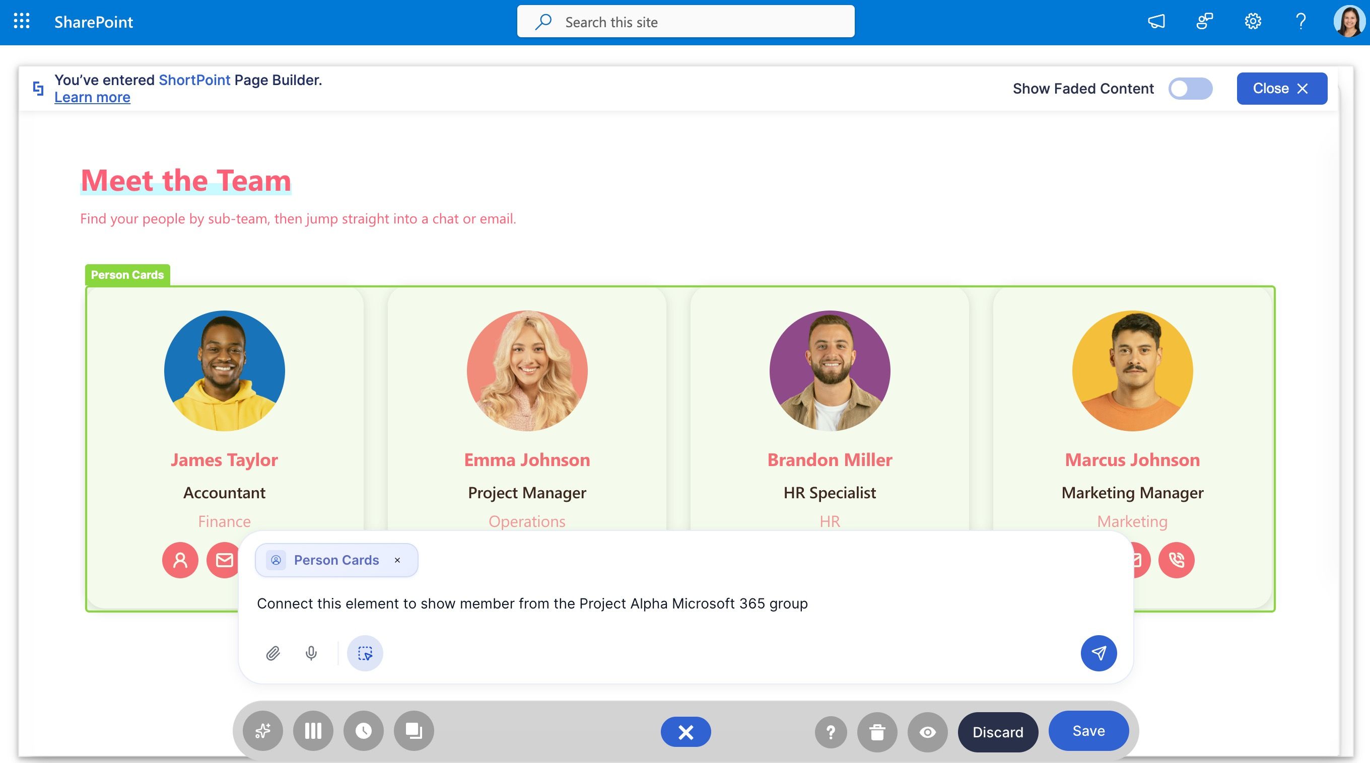ShortPoint AI Designer prompt field used to configure a Microsoft Graph API or REST API connection.