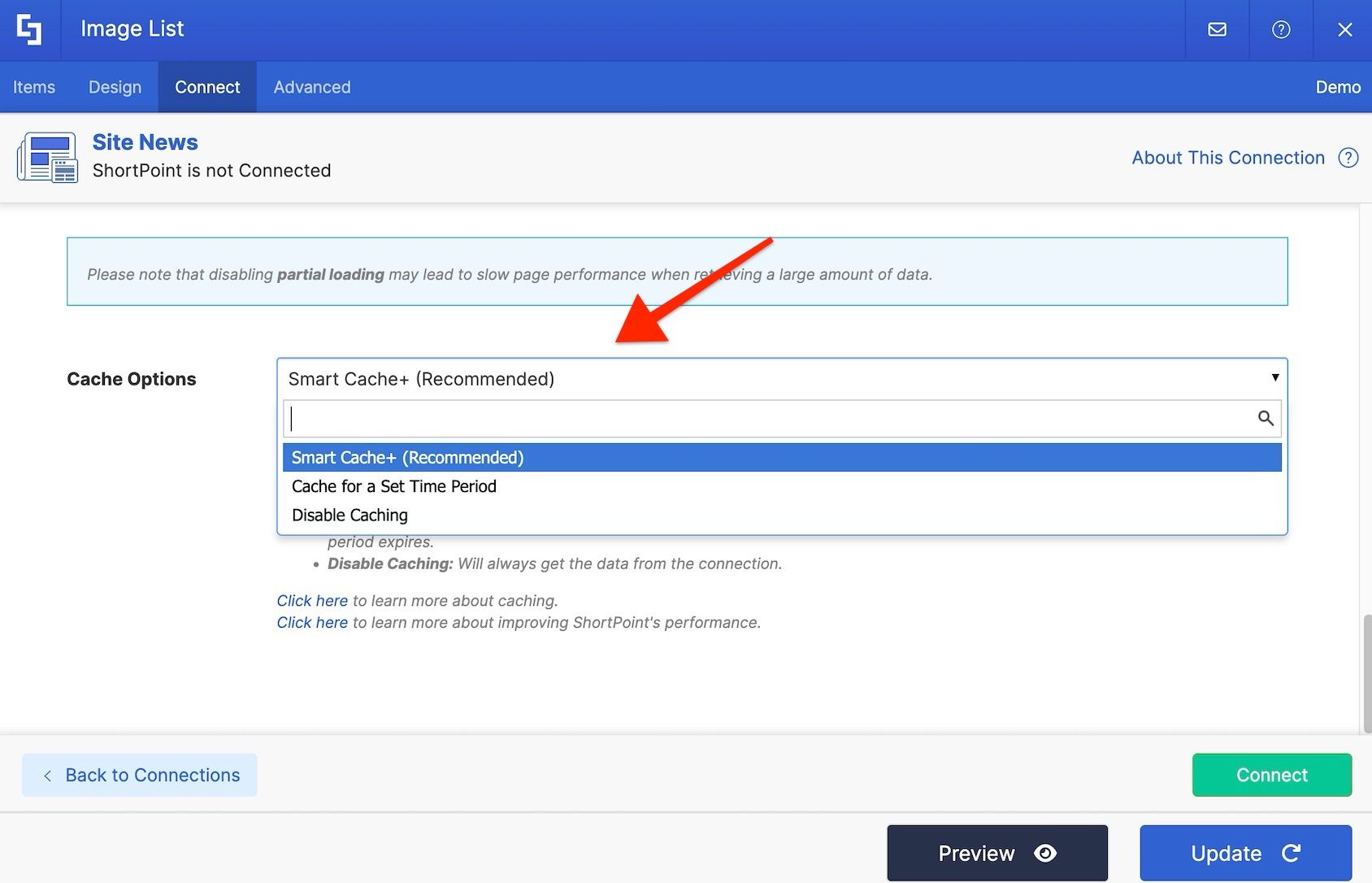 ShortPoint caching settings showing Smart Cache+, Cache for a Set Period of Time, and No Caching options.