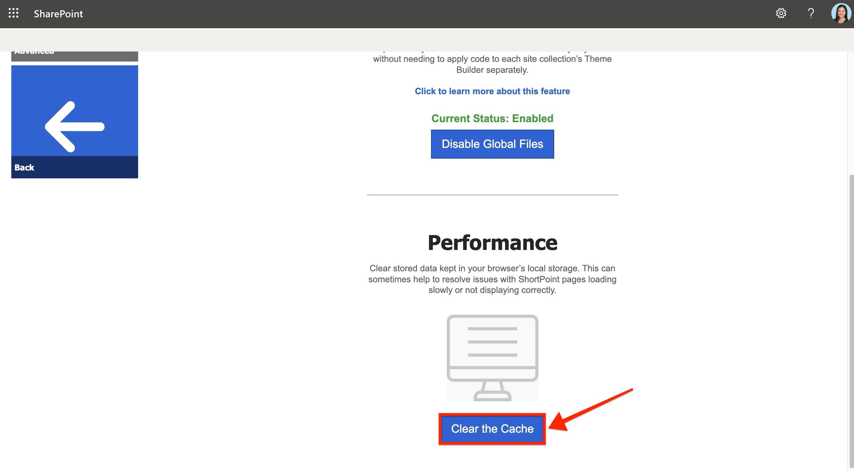 ShortPoint Dashboard Advanced settings showing the Clear Cache button in the Performance section.