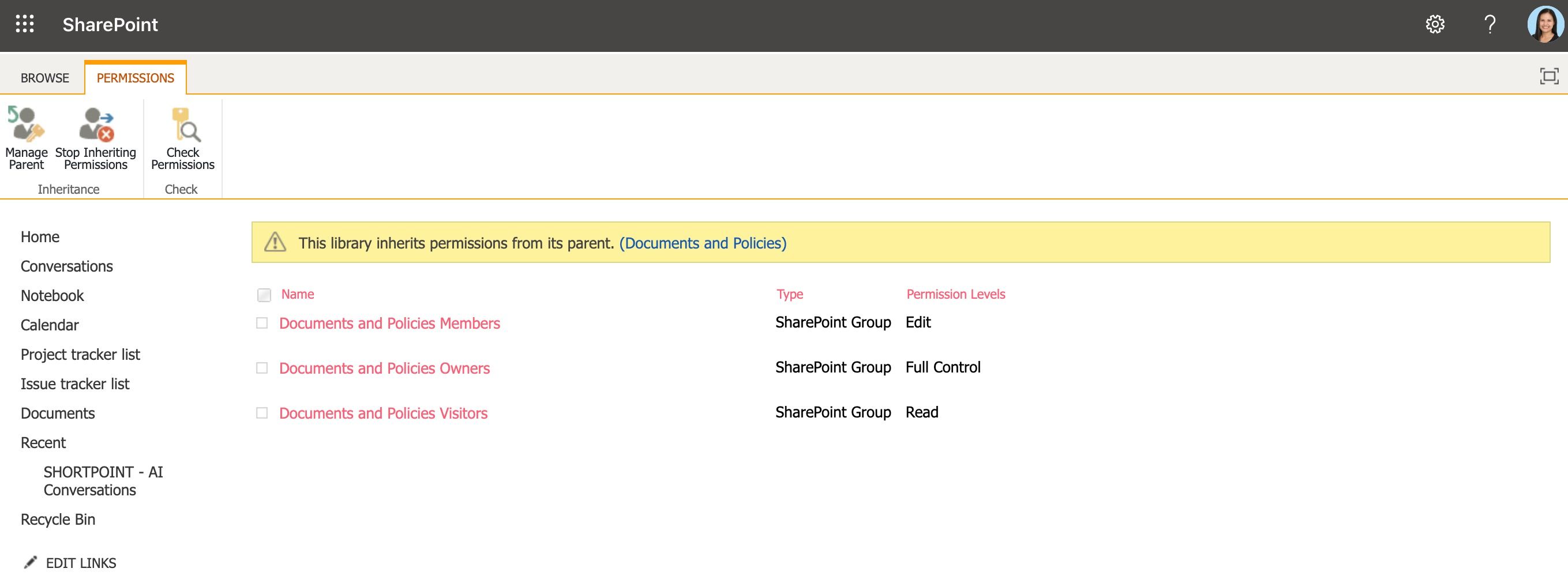 SharePoint library permissions settings showing user access levels for a connected data source.