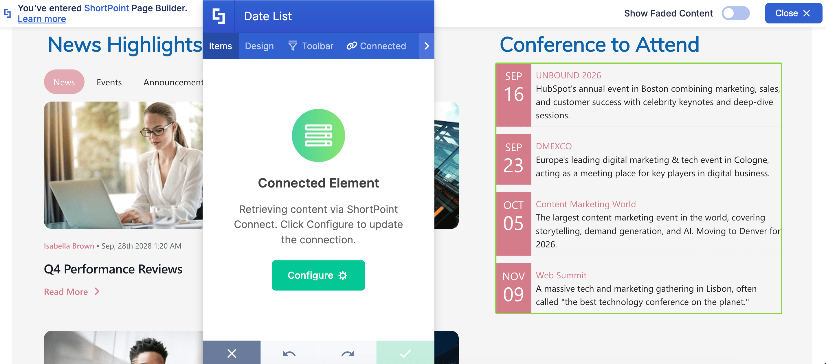 Design Element Items tab populated dynamically through ShortPoint Connect.