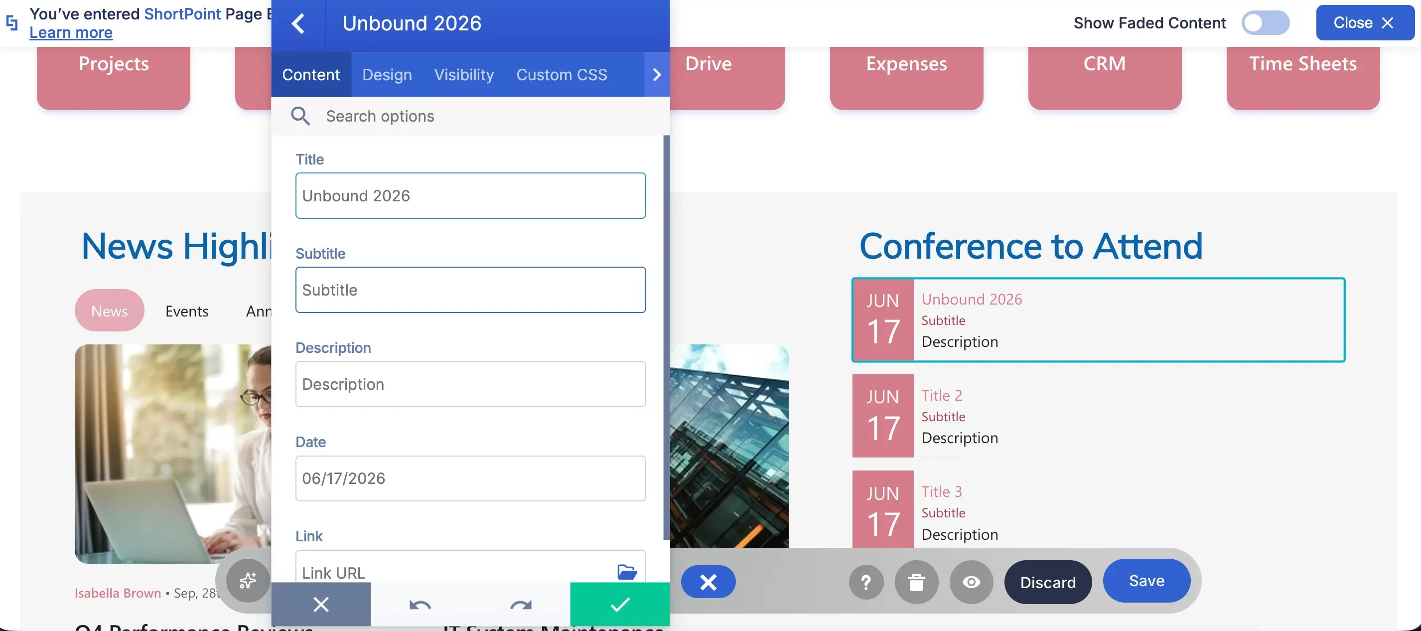 Design Element Items tab with content typed in manually.