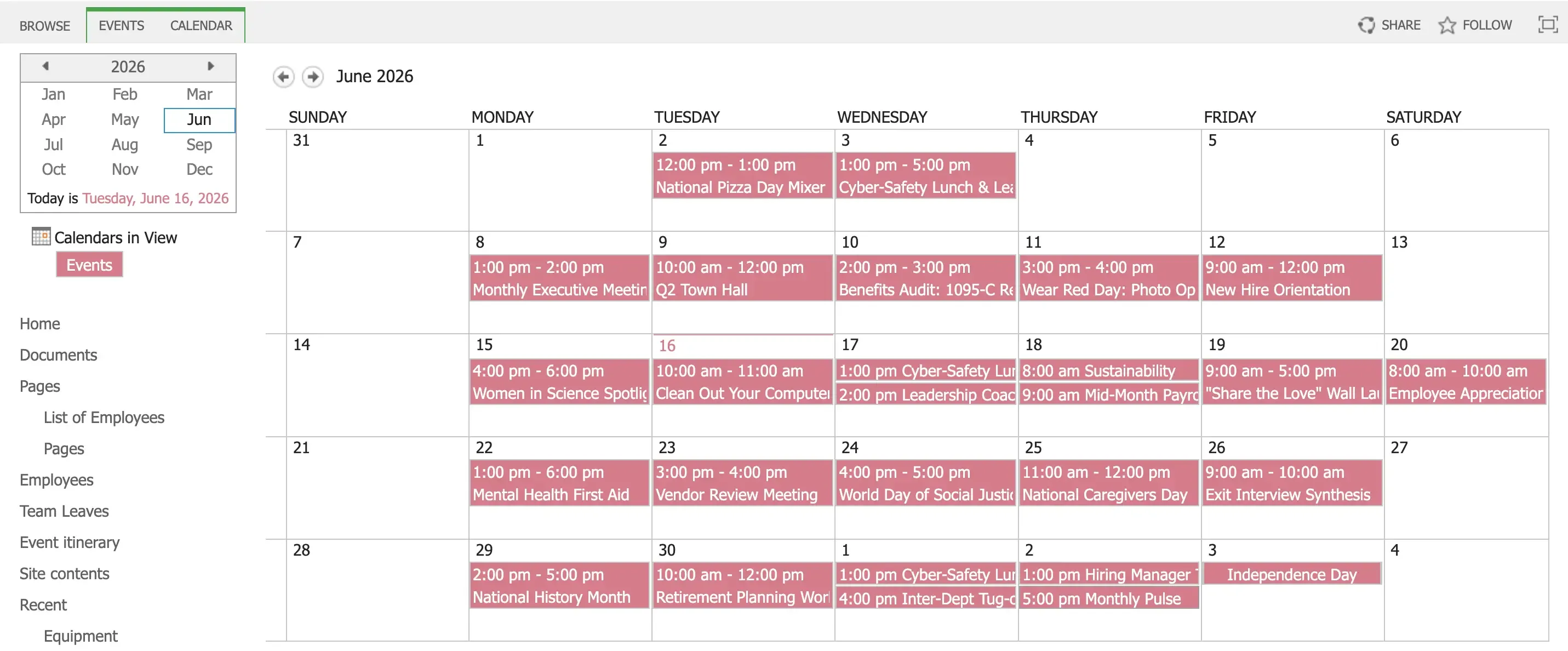 SharePoint calendar showing upcoming company events and meetings.