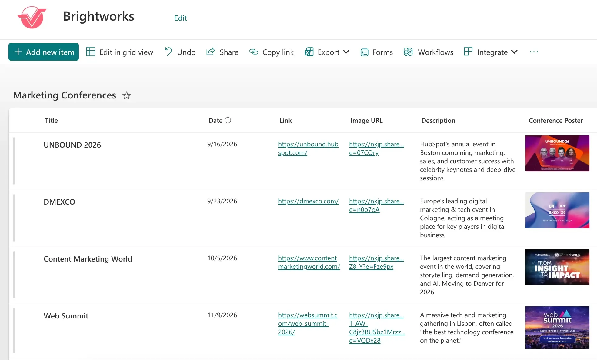 SharePoint list of upcoming conferences an organization is tracking.