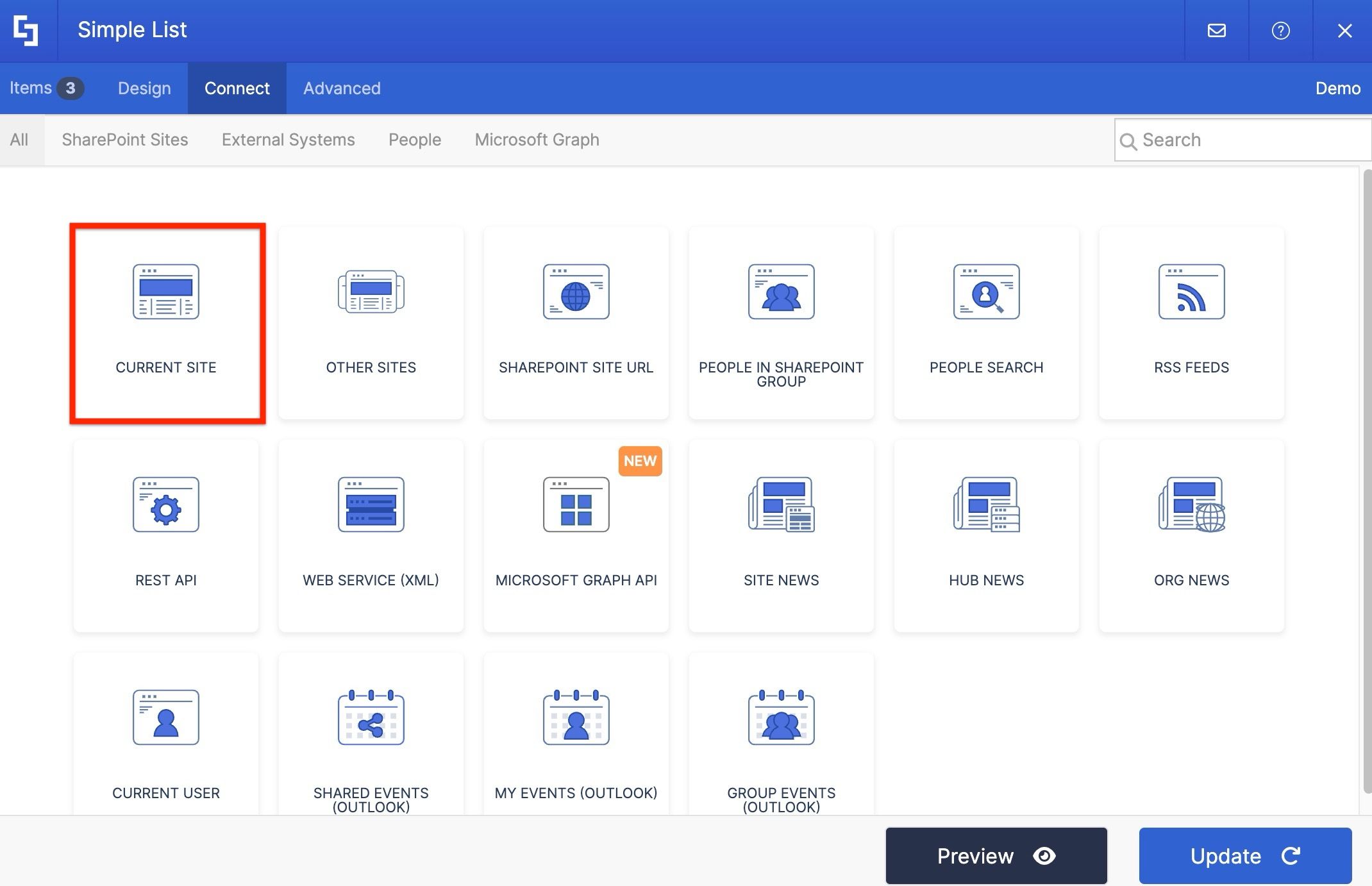 ShortPoint Connect tab displaying available connection type options.