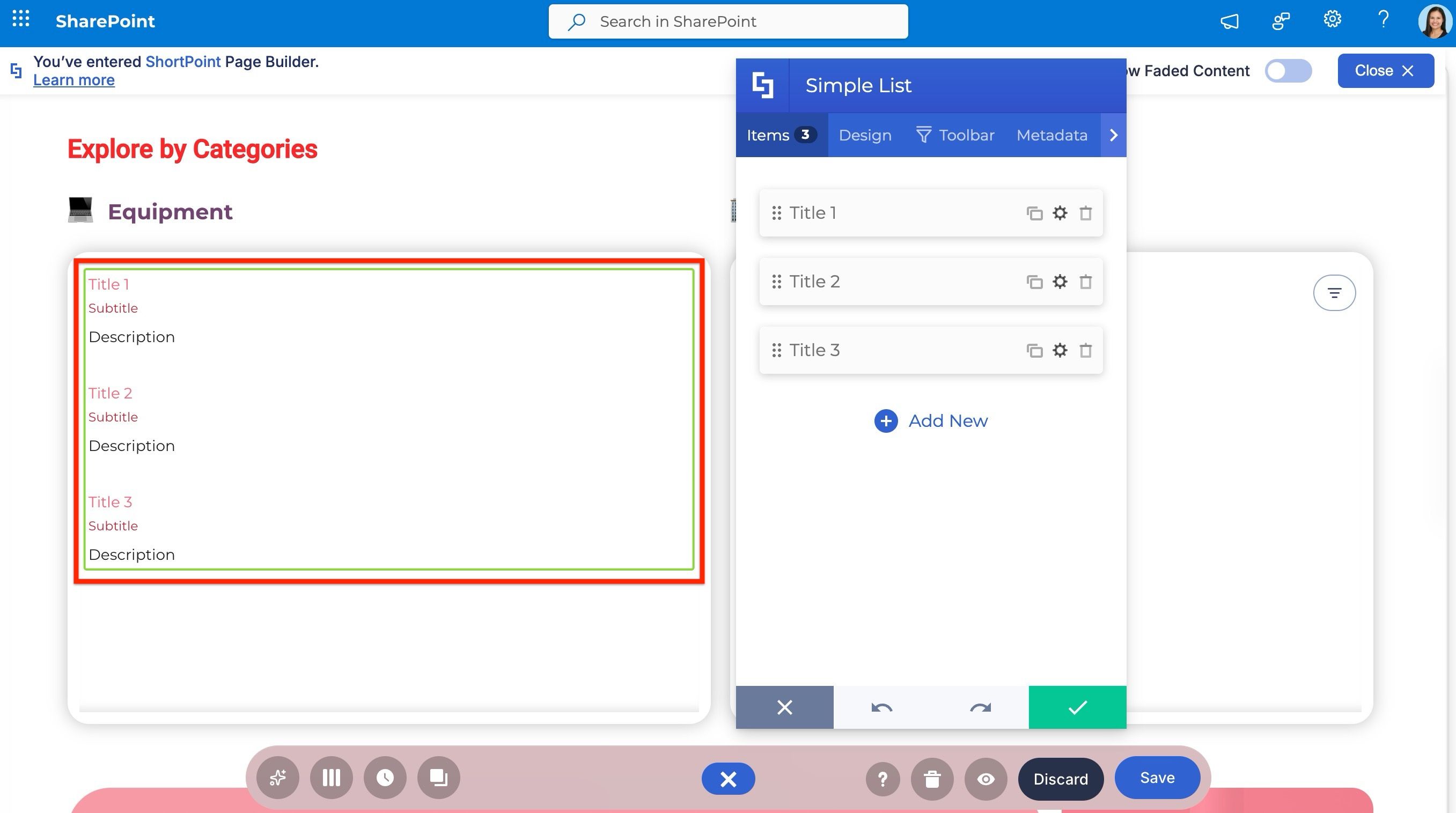 Inserting a Simple List Design Element onto a SharePoint page in edit mode.