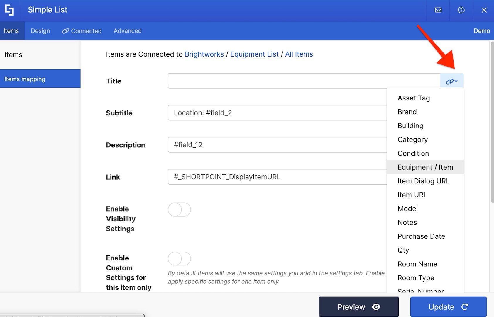 Items tab showing fields available for mapping SharePoint list properties.
