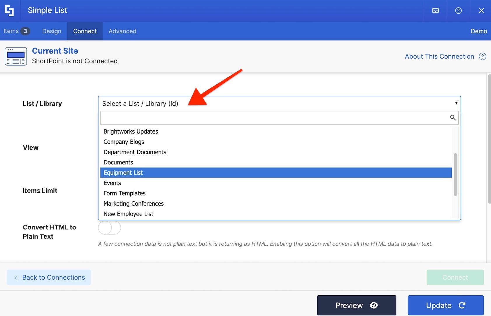 Current Site connection settings showing the list name dropdown field.