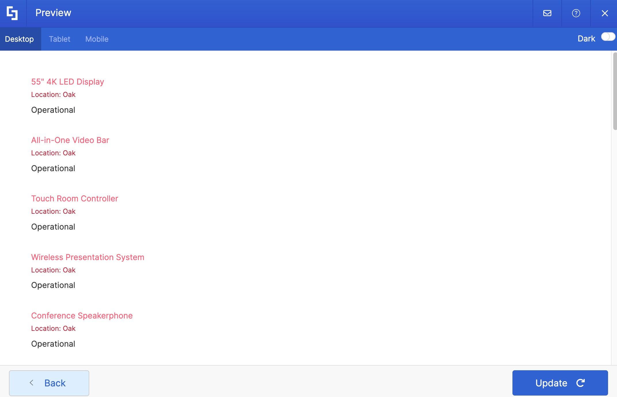 Preview of the Simple List Design Element displaying mapped SharePoint list data.