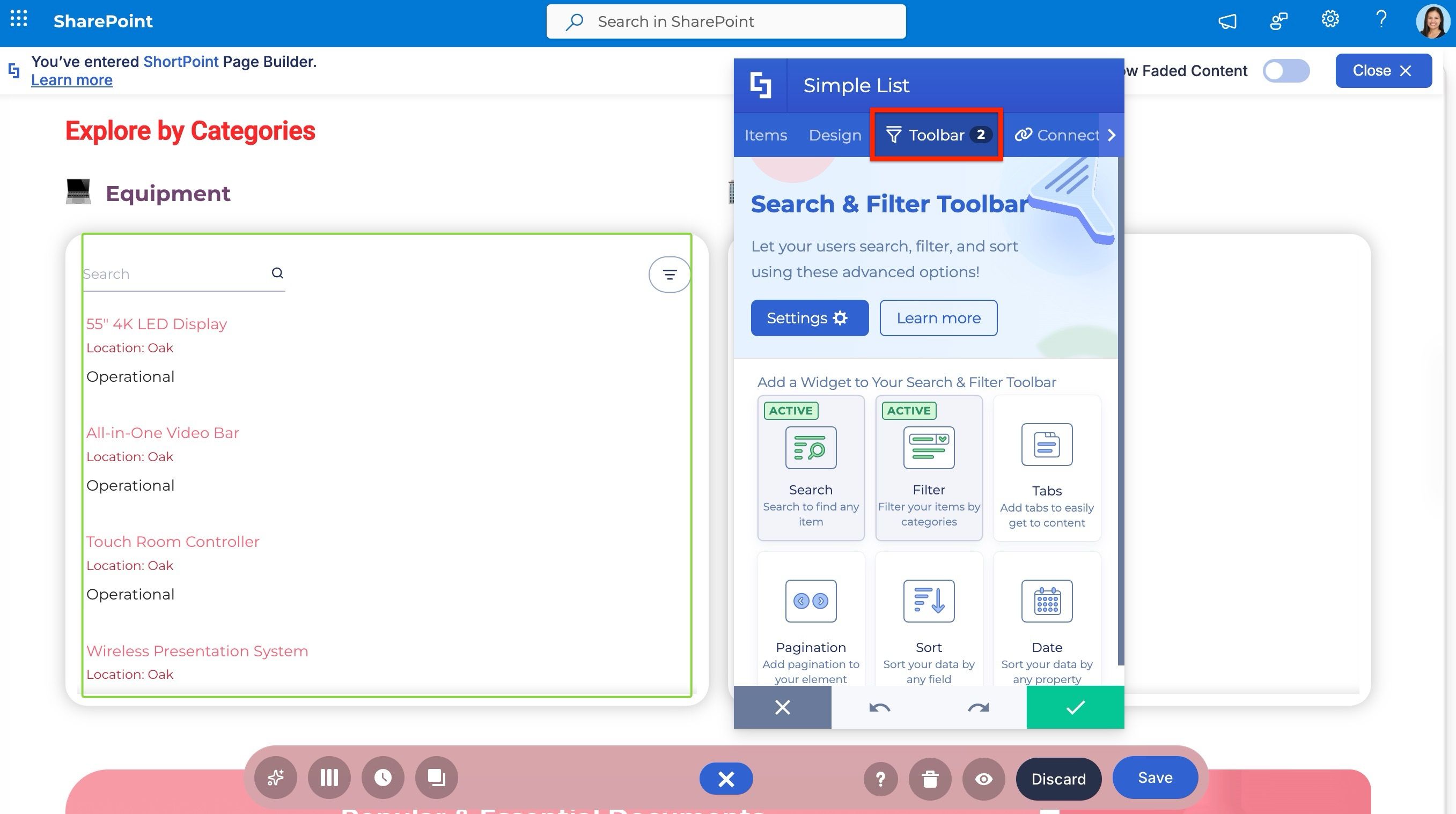 Search and Filter Toolbar settings for adding search, tabs, and filters to a connected Design Element.