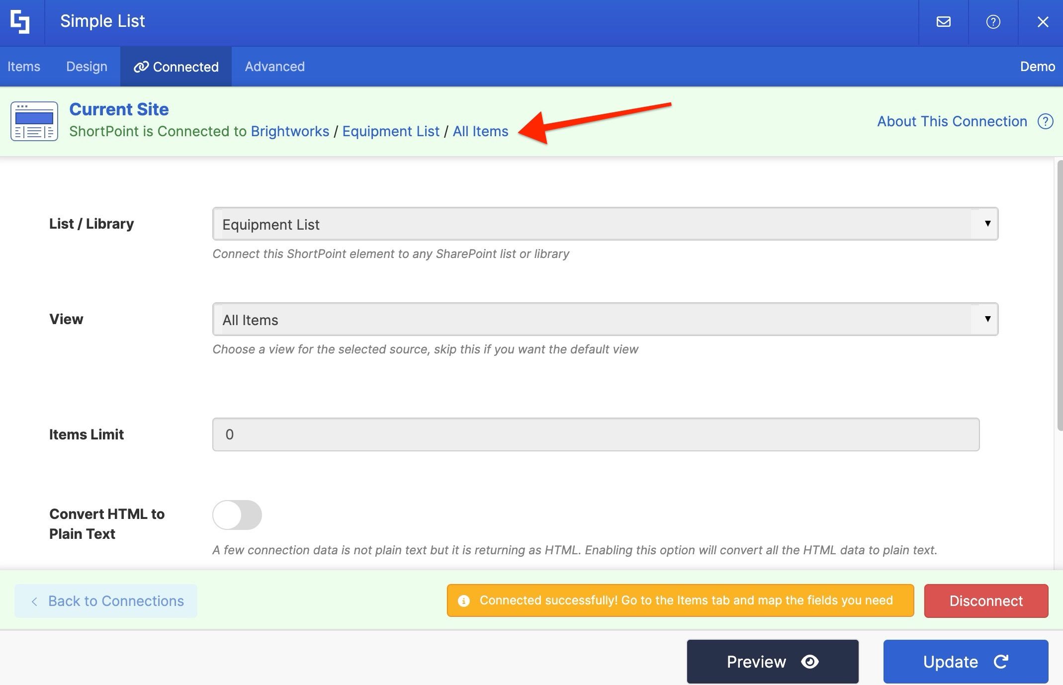 Notification banner confirming a successful SharePoint list connection.