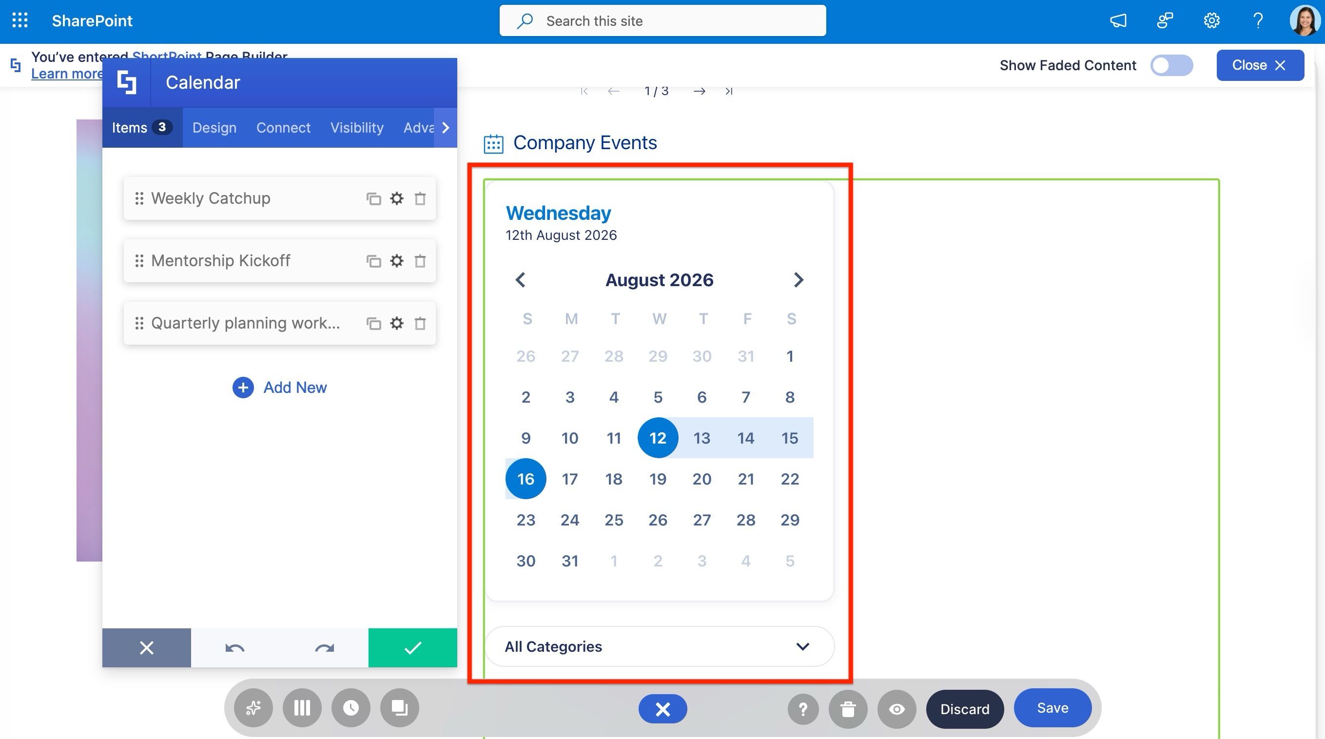 Adding the ShortPoint Calendar Design Element to a page column using the plus button.