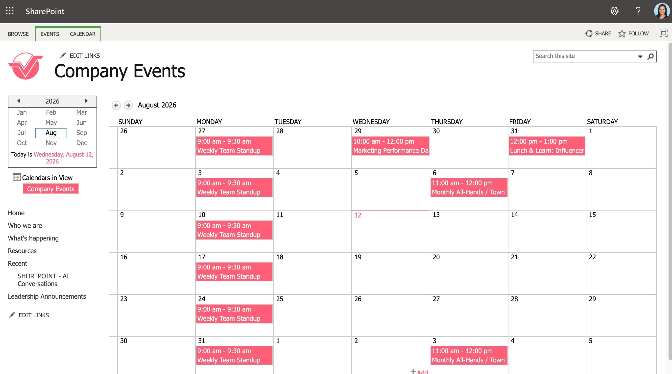 SharePoint calendar displaying company events in calendar view.