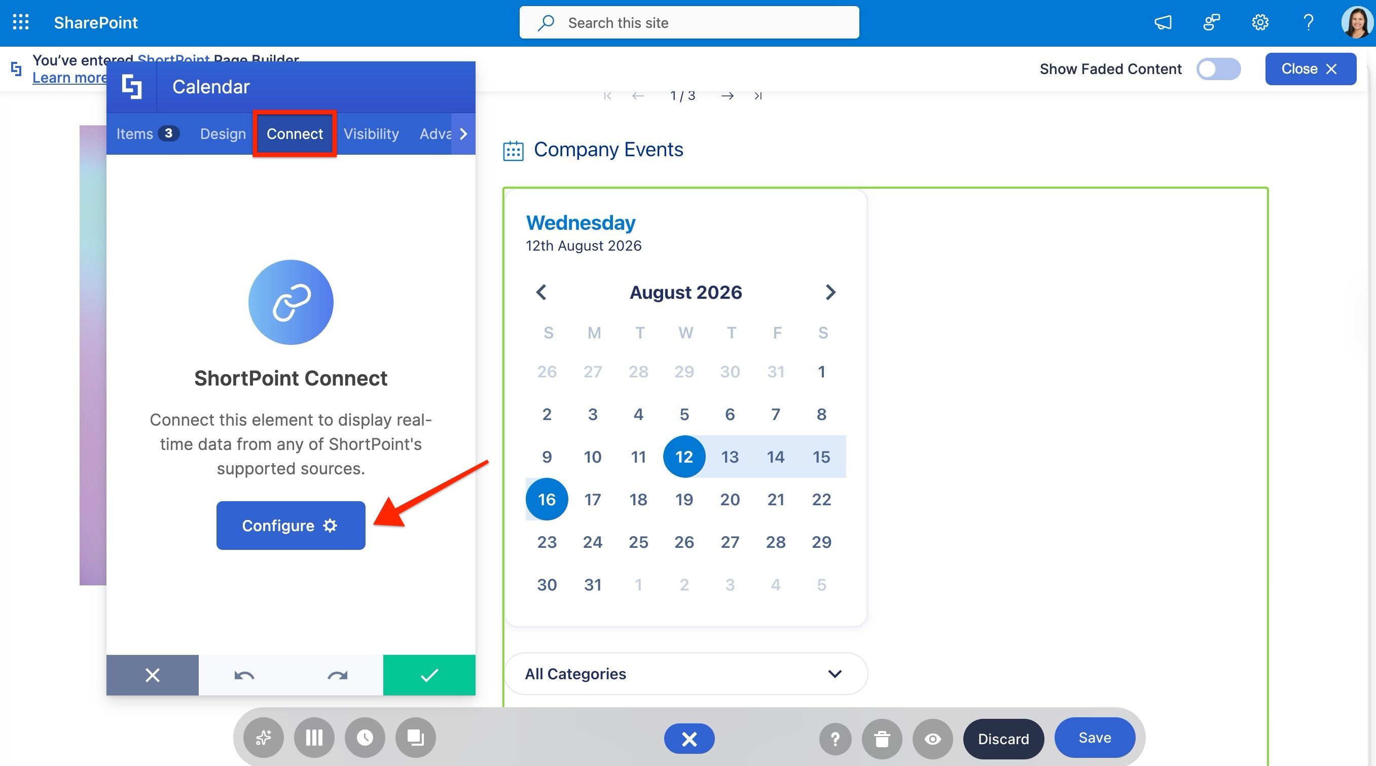ShortPoint Calendar settings showing the Connect tab and Configure button.