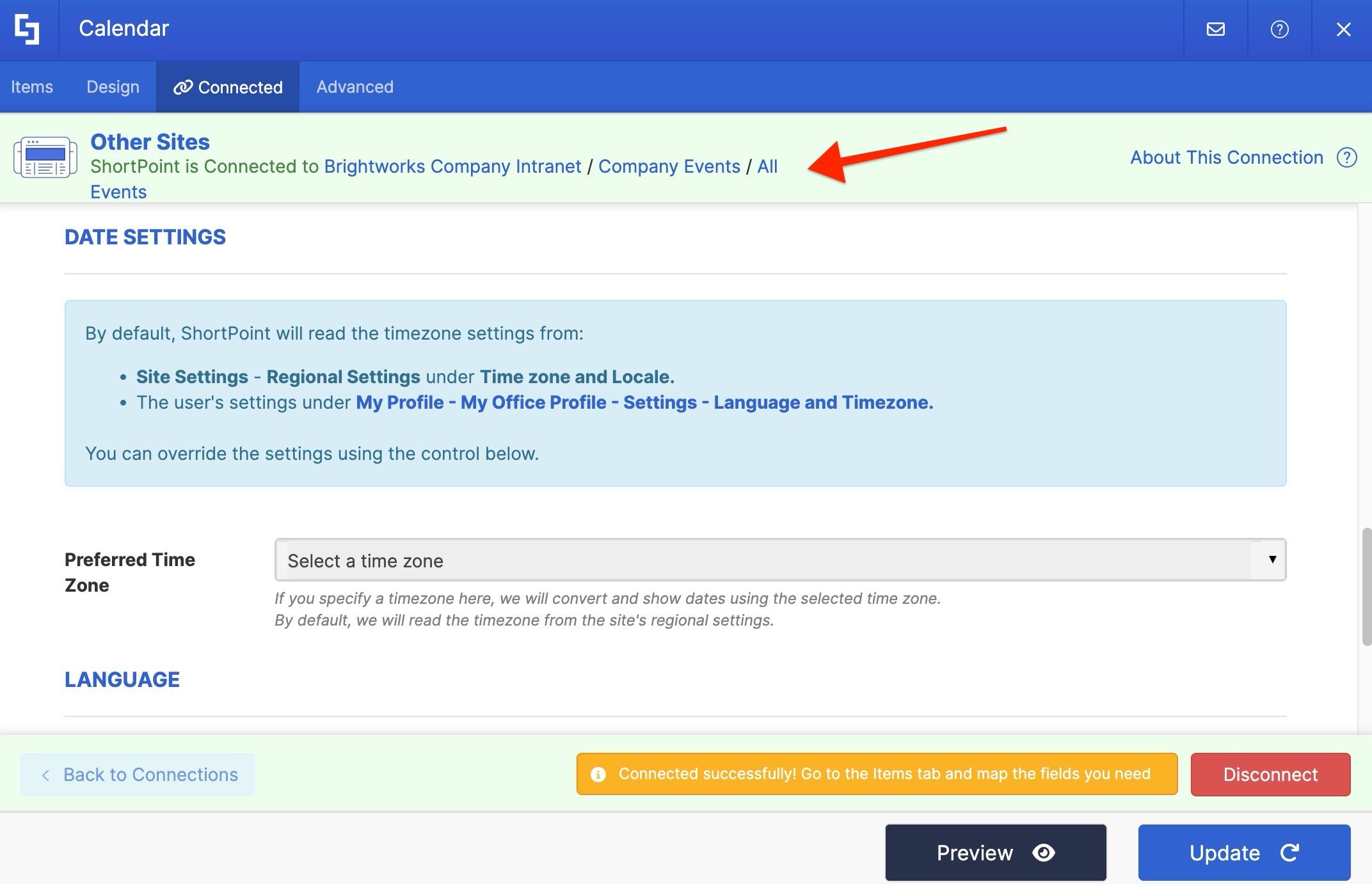 Notification banner confirming a successful SharePoint calendar connection.
