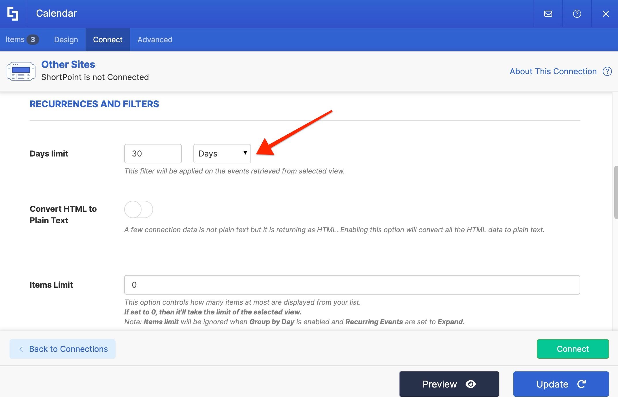 Calendar connection settings for date range display options.