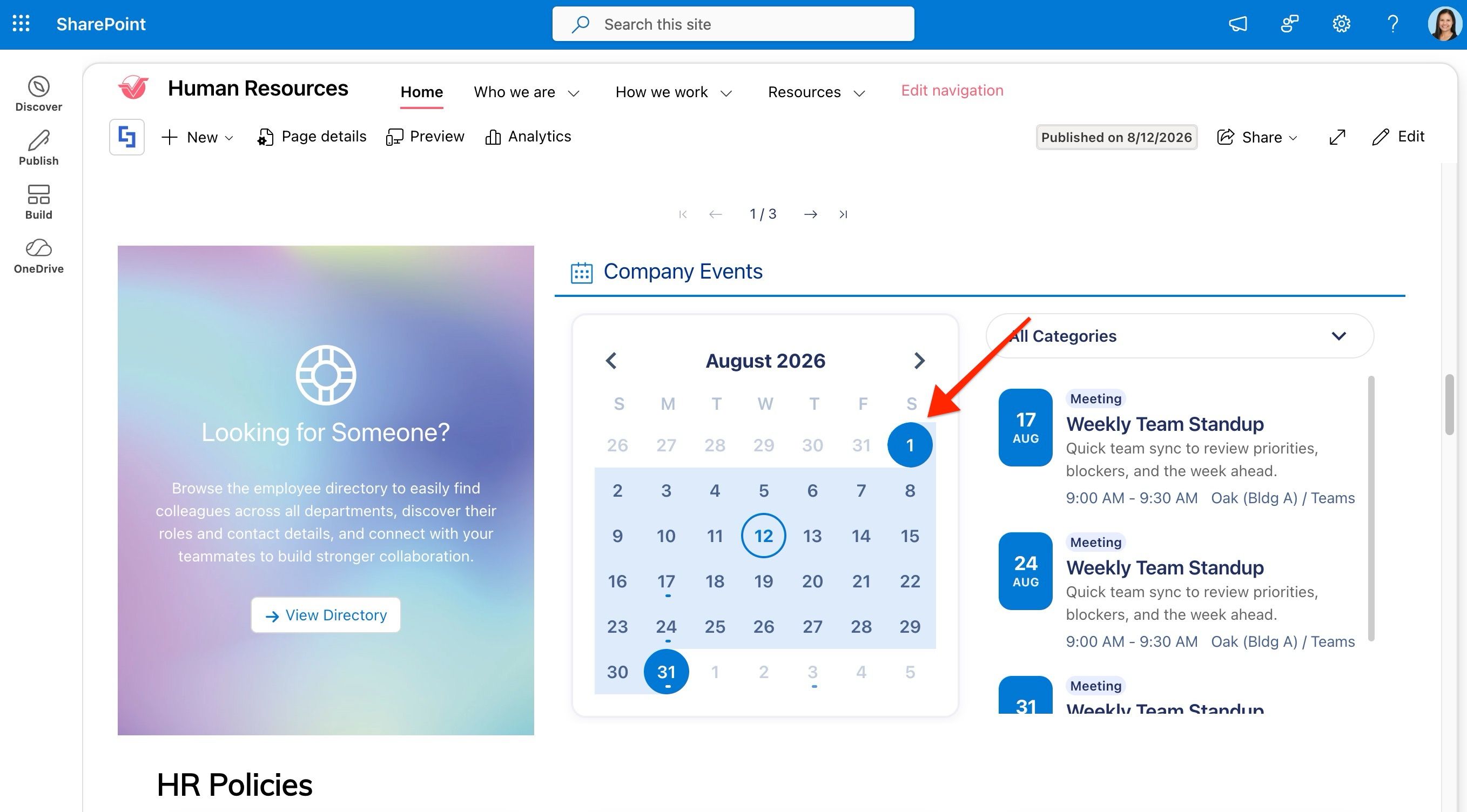 ShortPoint Calendar Design Element showing a date range selector for filtering events.