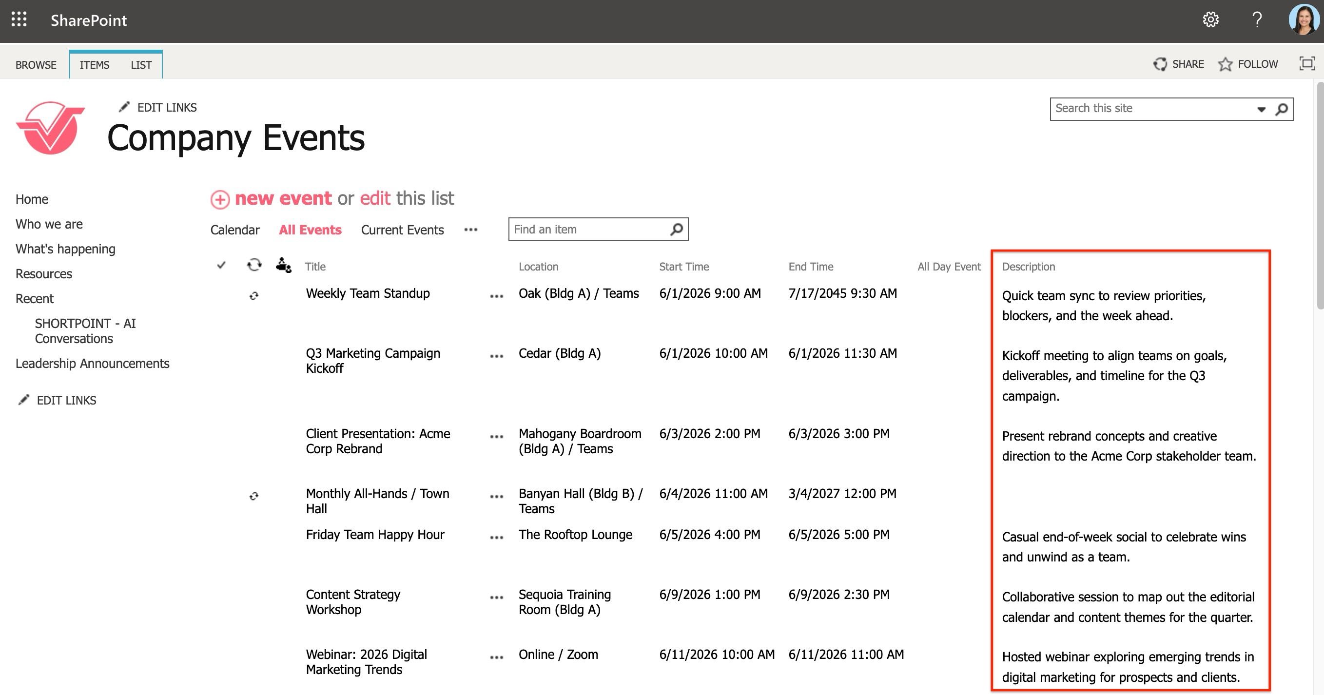 SharePoint view settings showing the Description column added to a calendar list view.