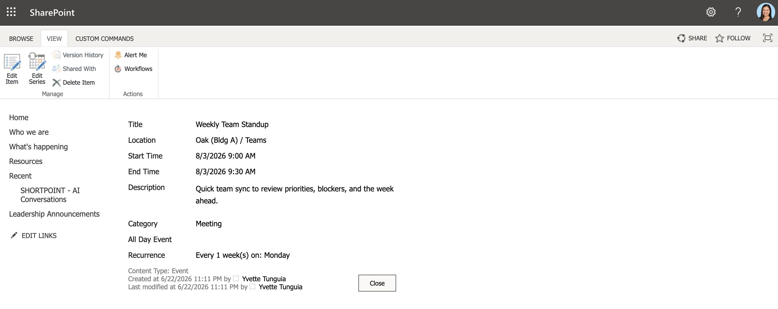 SharePoint calendar entry expanded to show event title, location, time, and description fields.