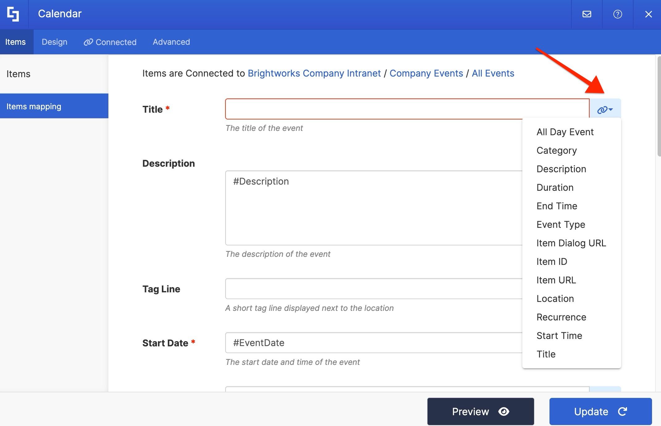 Link icon dropdown displaying available SharePoint calendar properties for mapping.