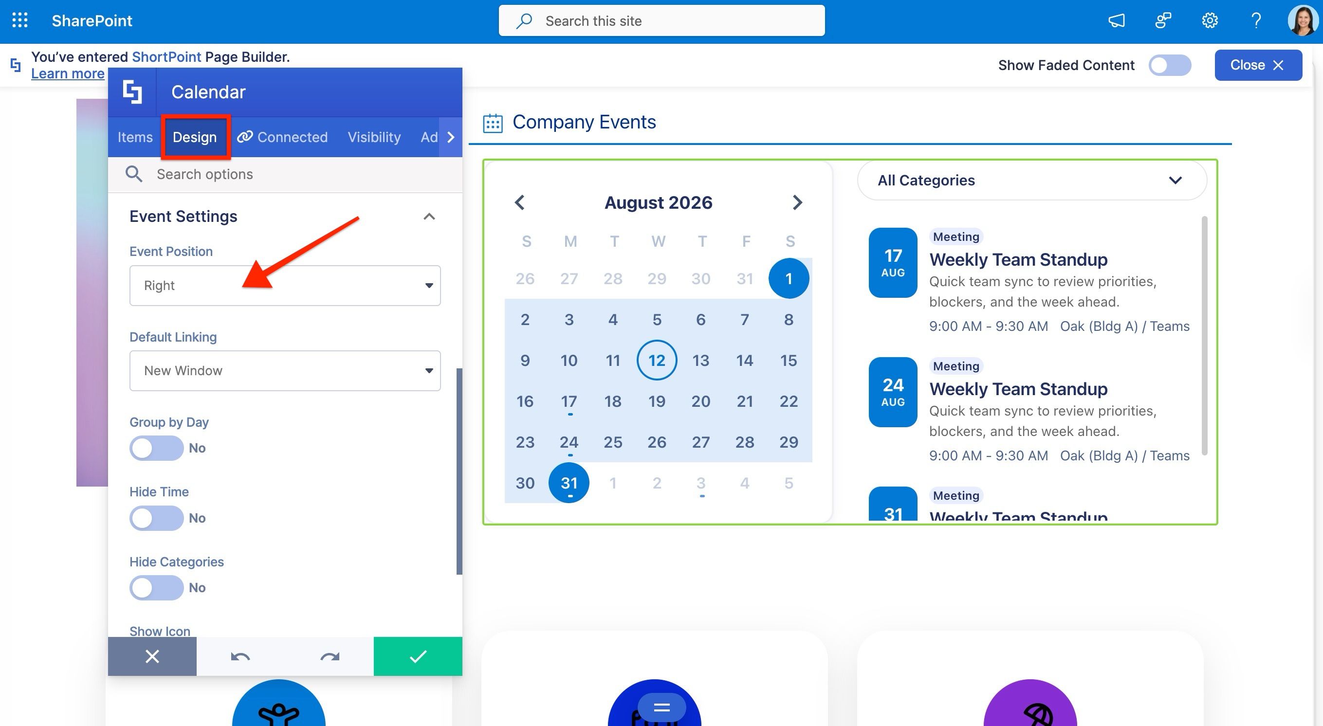 ShortPoint Calendar settings showing style options and layout customization.