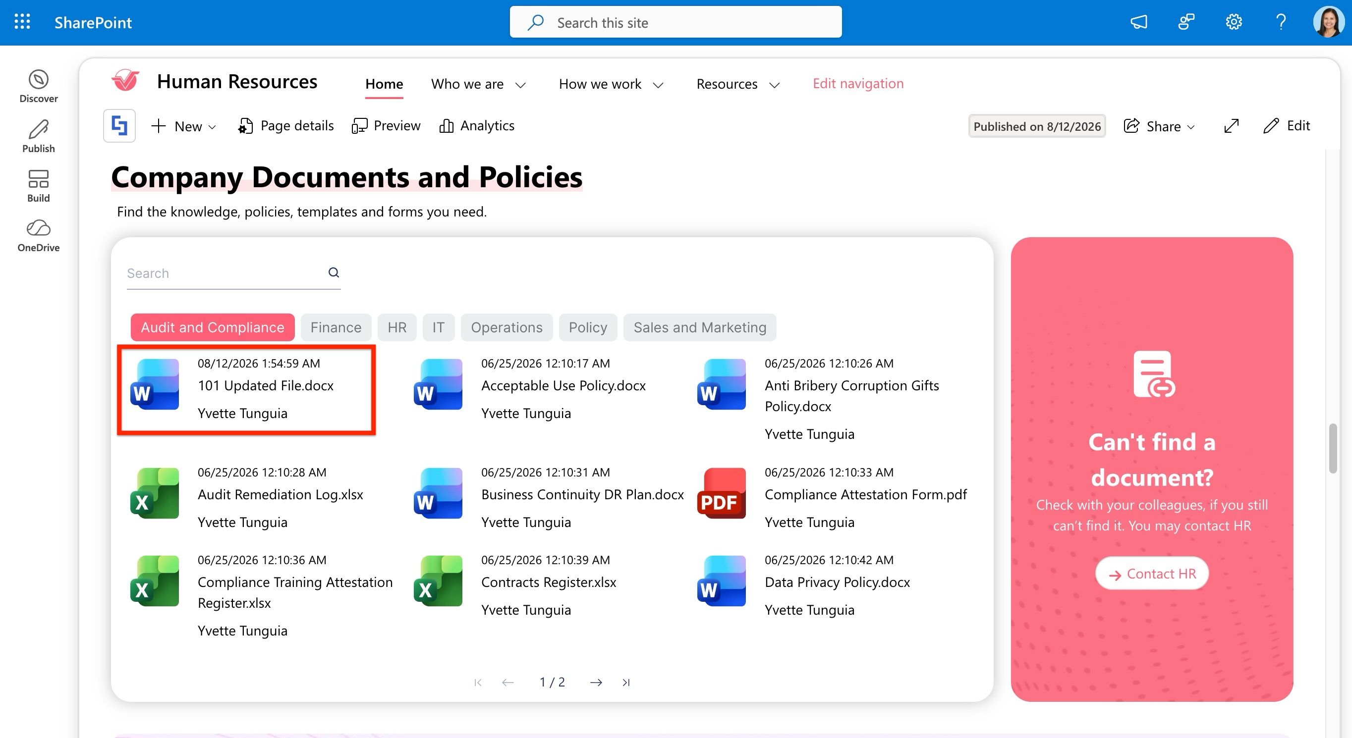 File List Design Element automatically displaying a newly added file from the connected document library.
