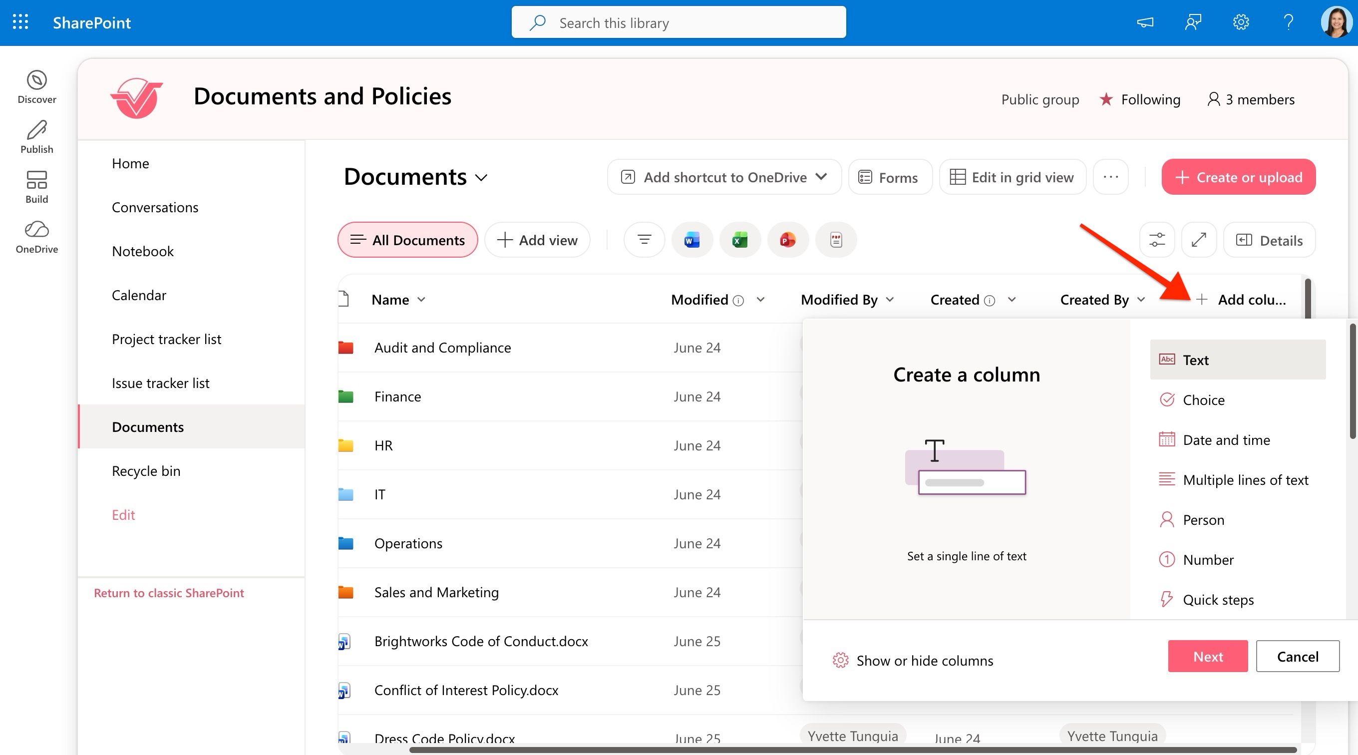 SharePoint document library column settings showing options to add additional columns.