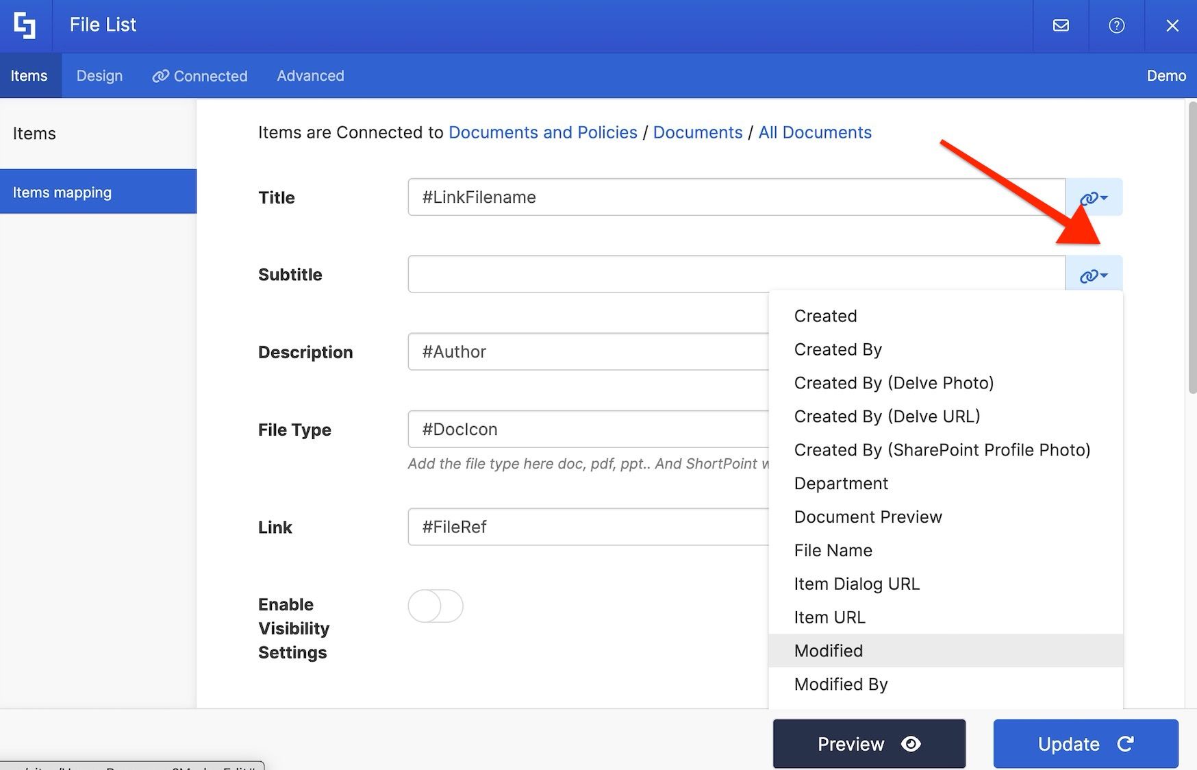 Items tab showing the link icon dropdown with document library properties available for mapping.