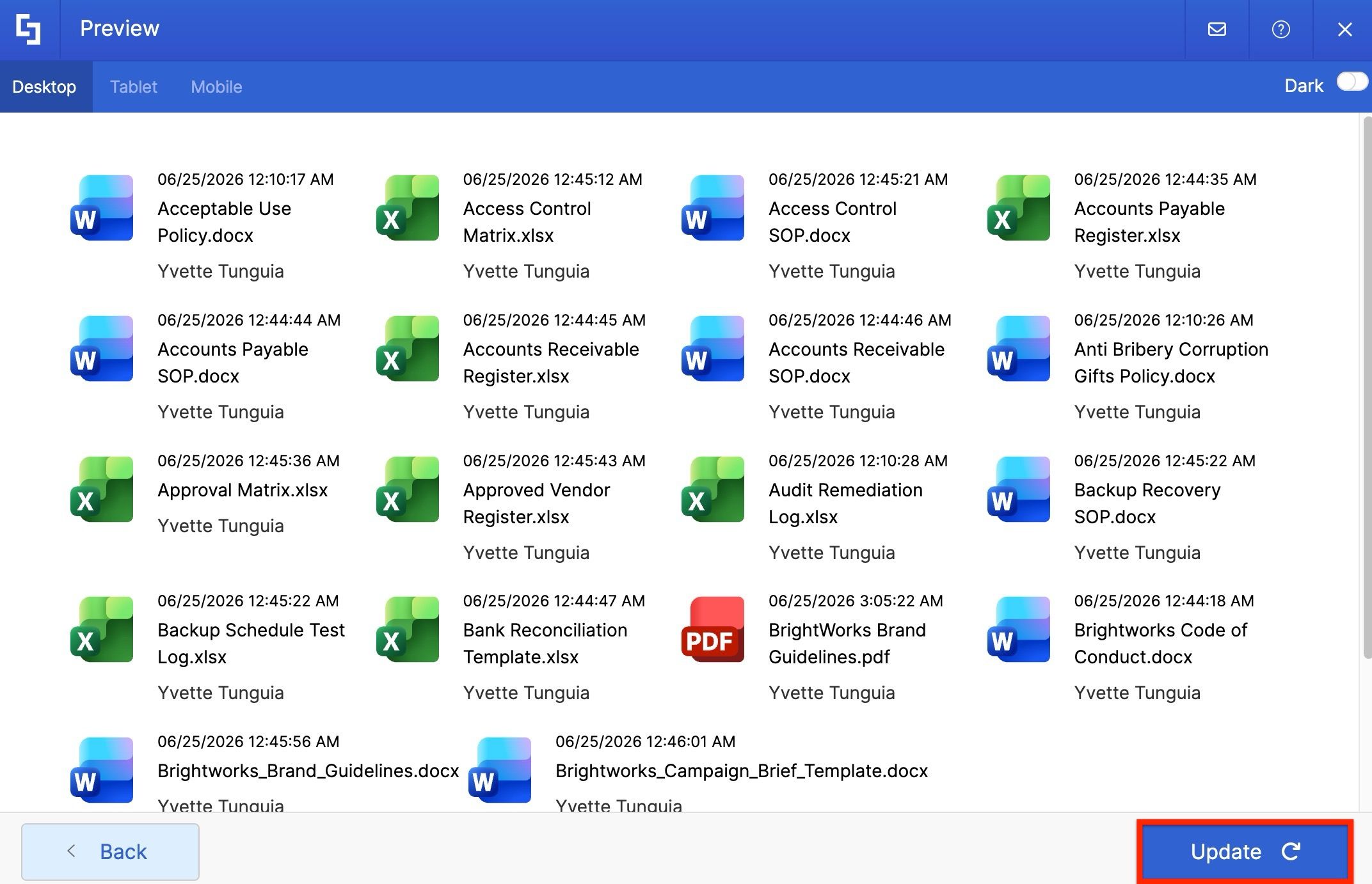 Preview of the File List Design Element displaying mapped document library data.