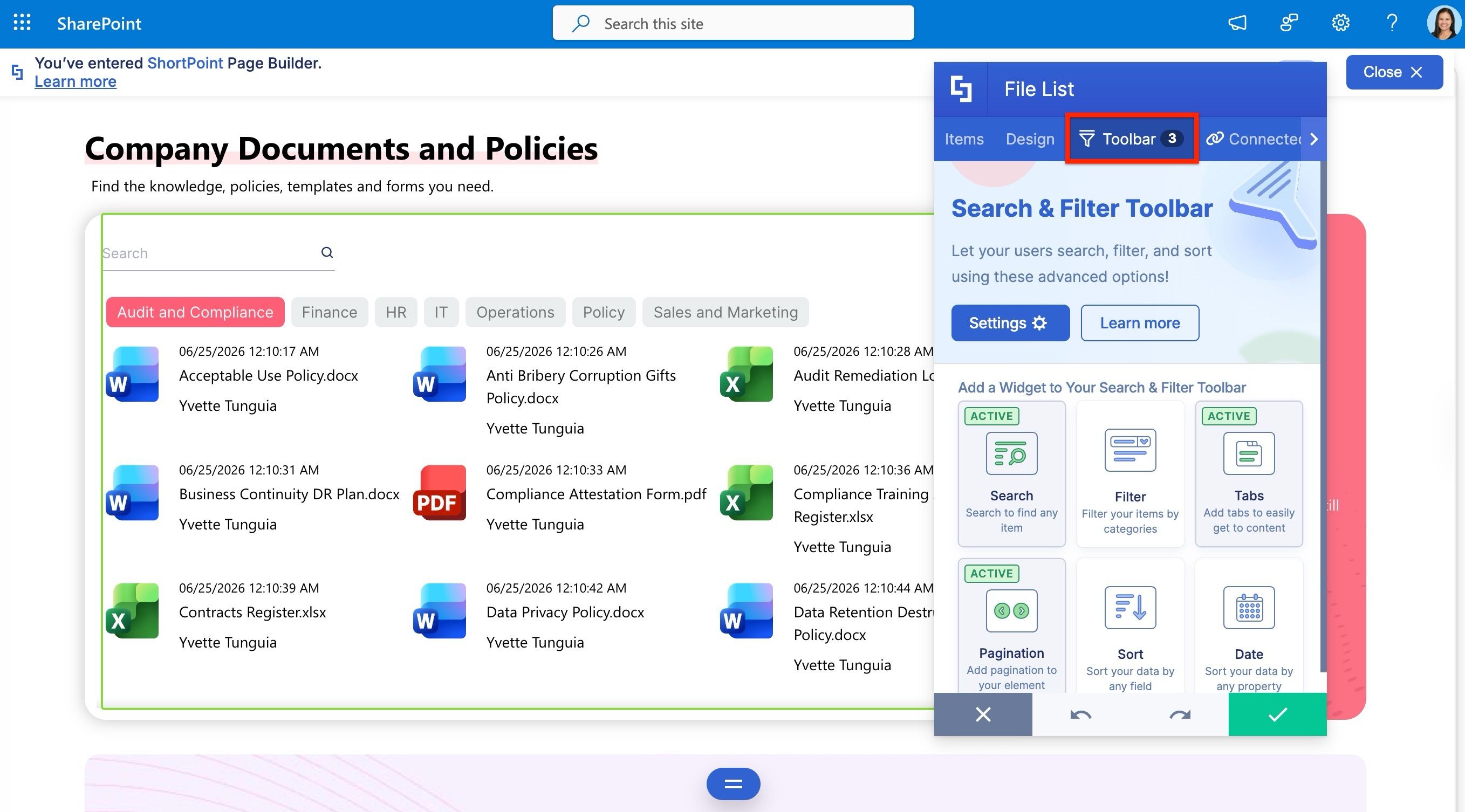 Search and Filter Toolbar settings showing search bar, tabs, and pagination options for a File List Design Element.