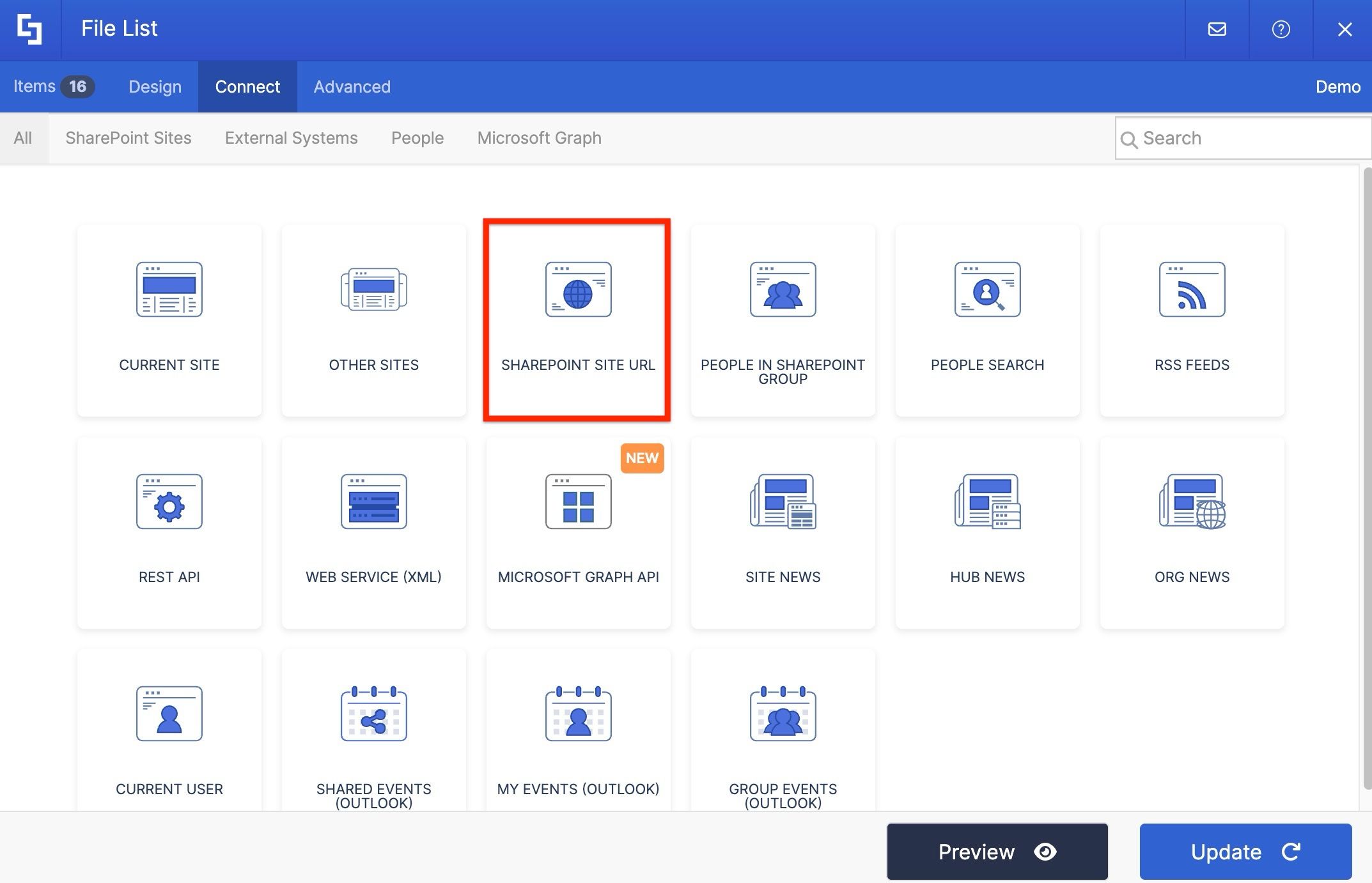 ShortPoint Connect tab showing connection type options including SharePoint Site URL.