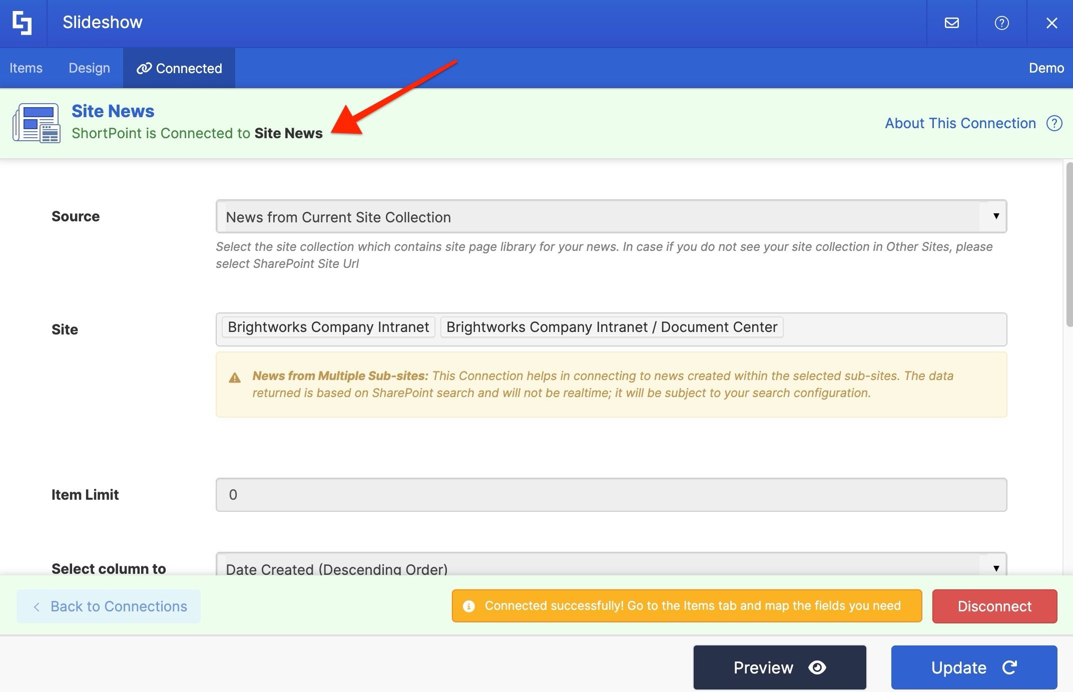 Notification banner confirming a successful Site News connection.
