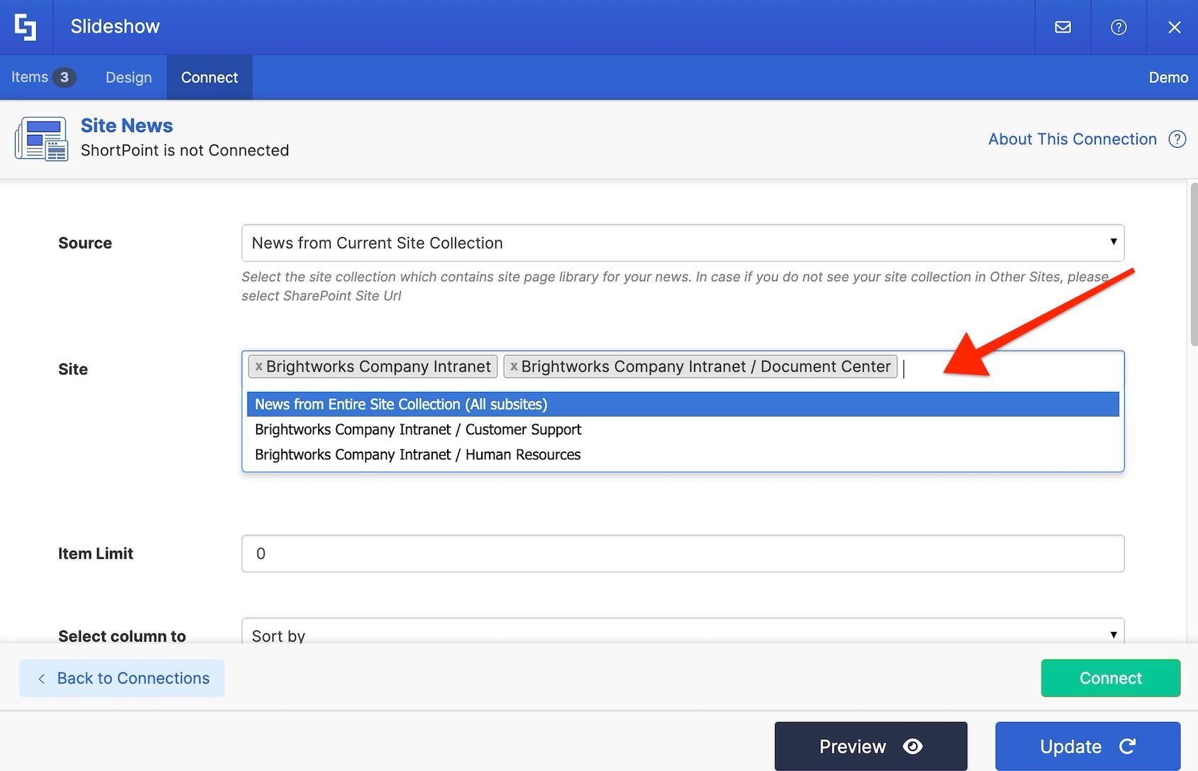 Site News connection settings showing multiple sites selected within the current site collection.