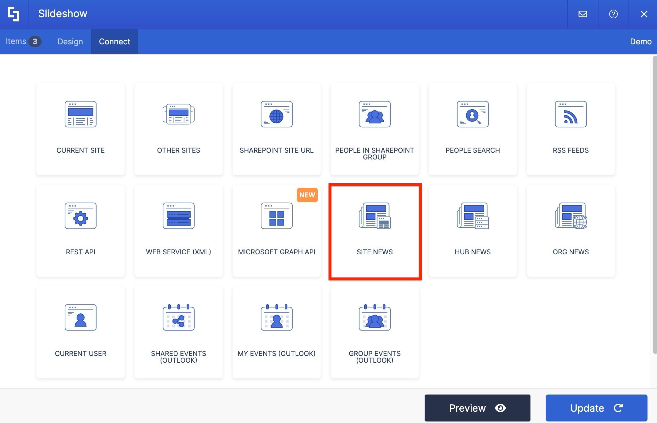 ShortPoint Connect tab with Site News connection type selected.