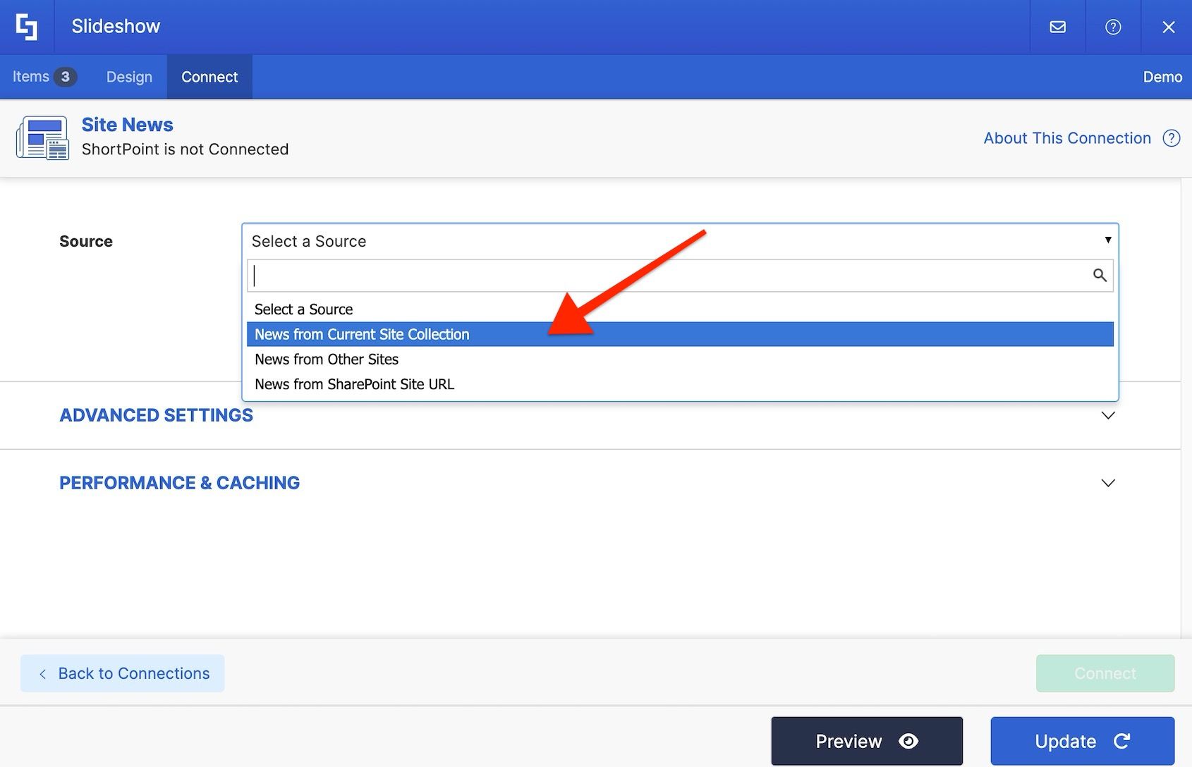 Site News connection settings showing source options including Current Site Collection, Other Site Collections, and Site URL.