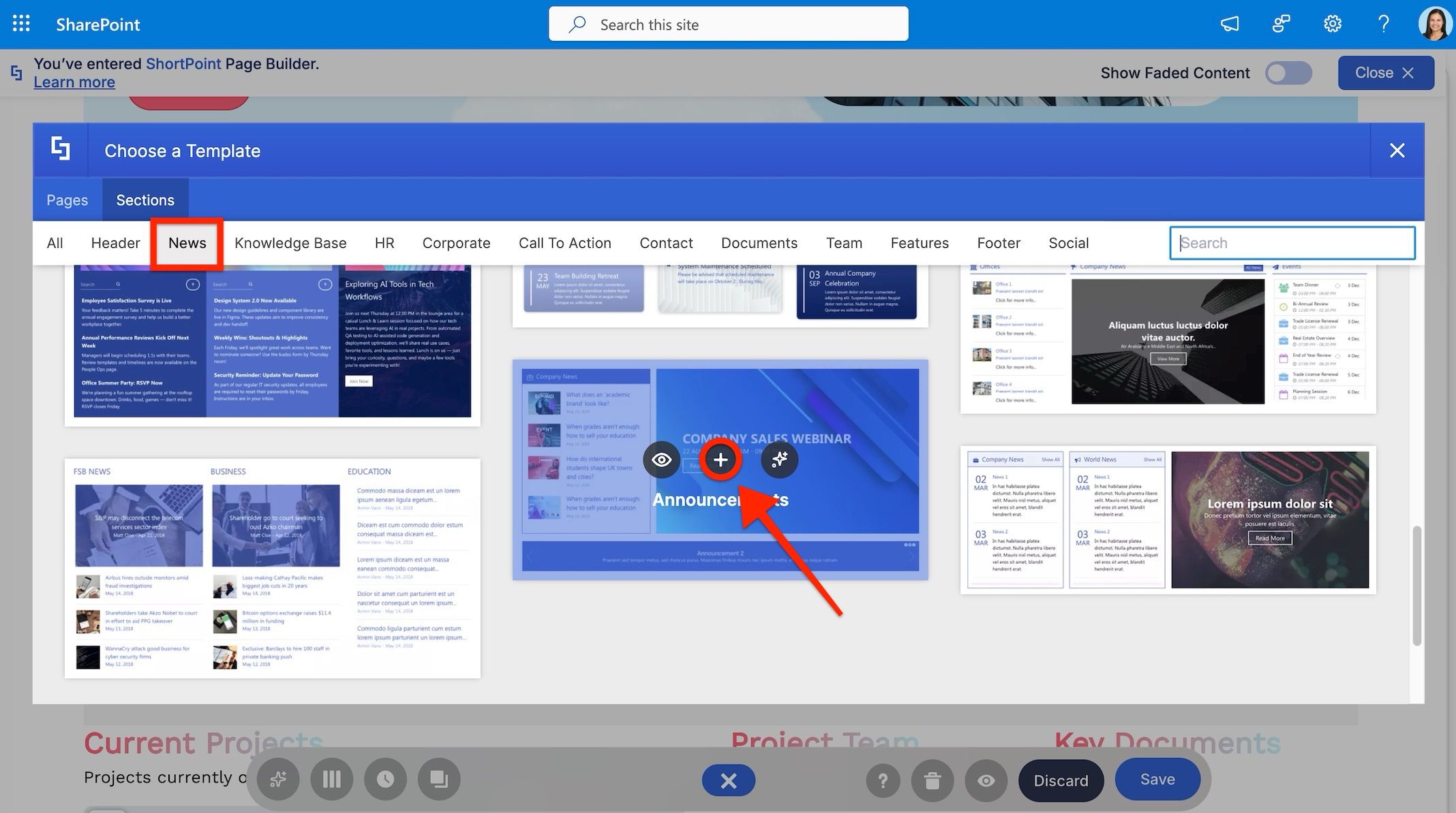 ShortPoint Templates Library displaying News section template options.