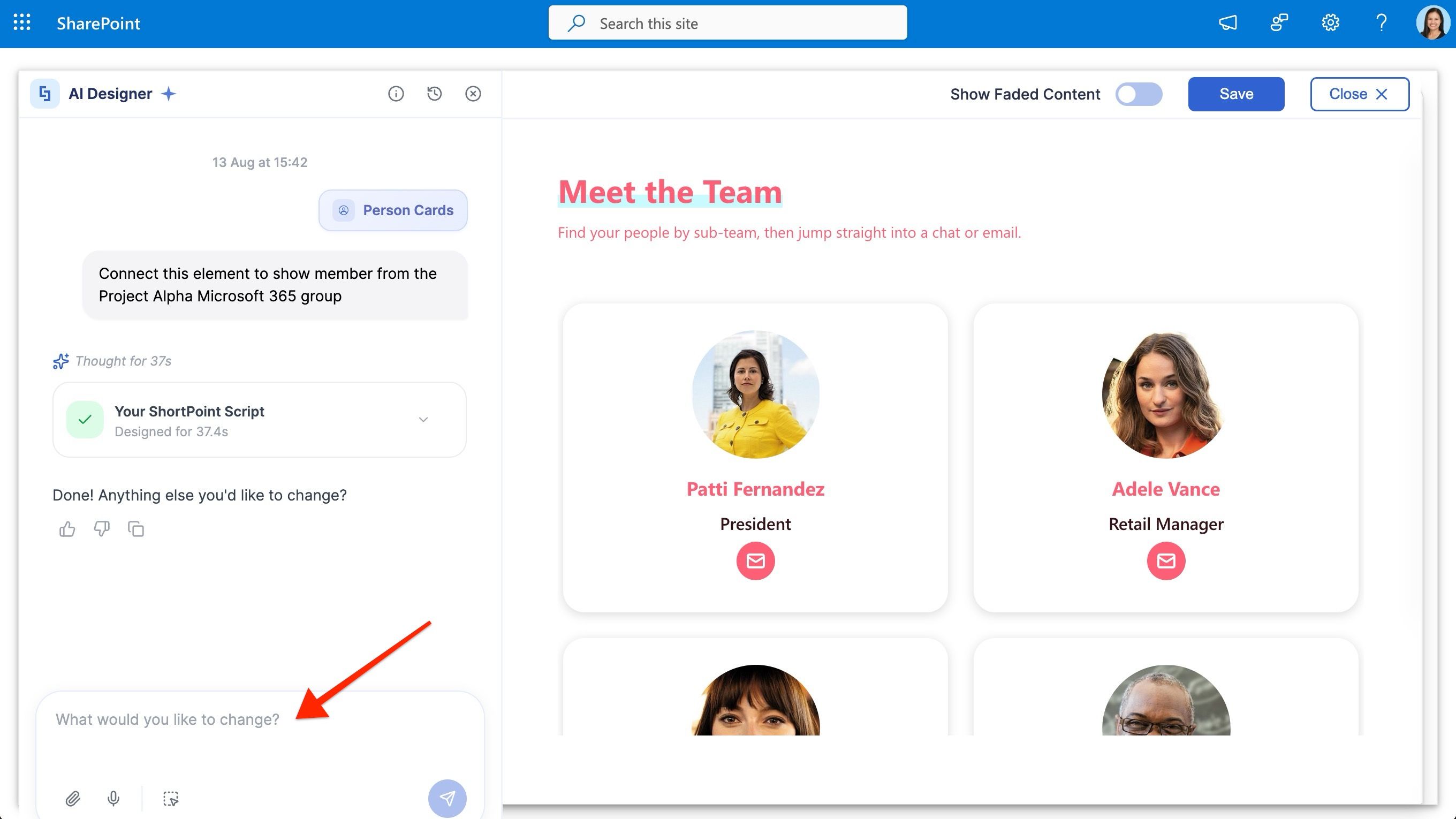 ShortPoint AI Designer prompt field used to configure a Microsoft Graph API connection.