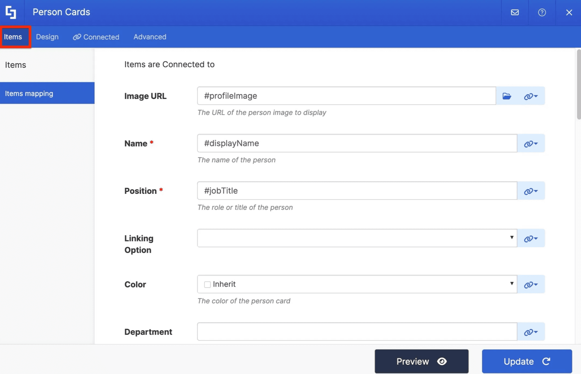 Items tab showing employee properties mapped to Title, Subtitle, Description, and Additional Info fields.
