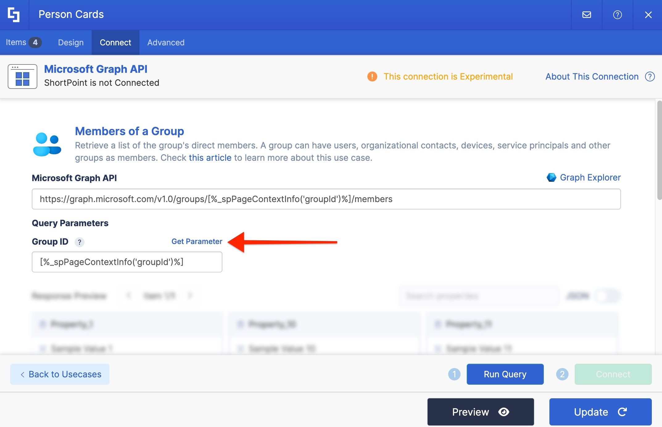 Members of a Group use case showing the Get Parameter link for retrieving a Group ID.